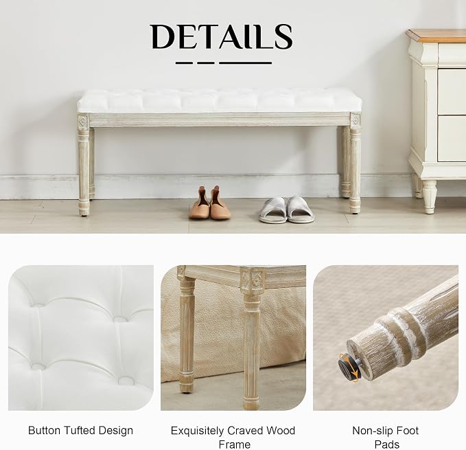 LOULENS 43.9" Linen End of Bed Bench, Vintage Bedroom Bench, Upholstered - Image 5