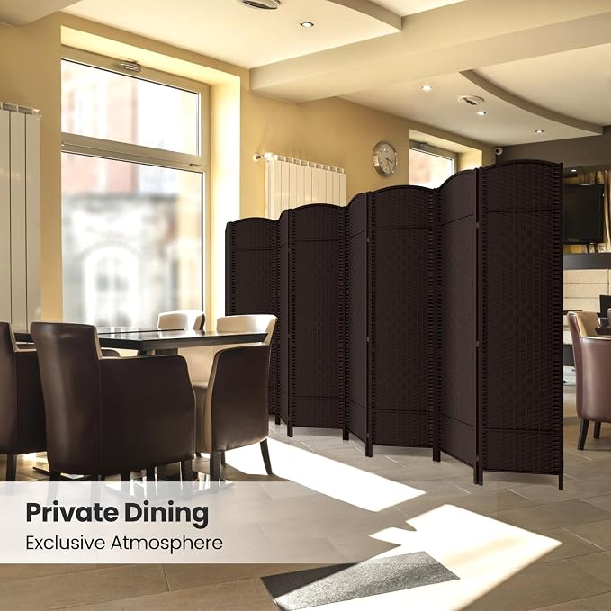 8 Panel Folding Room Divider, Woven Privacy Screen, Chocolate | Solid wood frame - Image 6