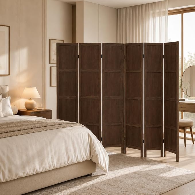 6 Panel Solid Wood Room Divider Folding Privacy Screen Brown | Freestanding - Image 8