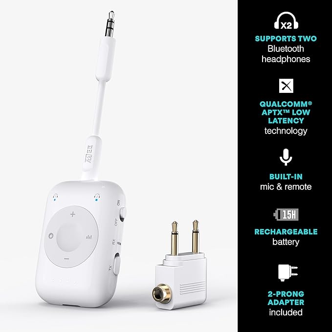 MEE audio Connect Air Pro Bluetooth Wireless Audio Transmitter & Receiver for AirPods or Bluetooth Headphones, 2-in-1 Adapter with Detachable Cable 3.5mm Aux Audio Jack for Airplanes, Auto, Gym, White