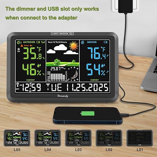 DreamSky Weather Station Indoor Outdoor Thermometer Wireless with Digital Atomic Clock for Home, Large Display with Dimmer, USB, Inside Outside Temperature Humidity Monitor (Adapter Powered)-3 Sensor