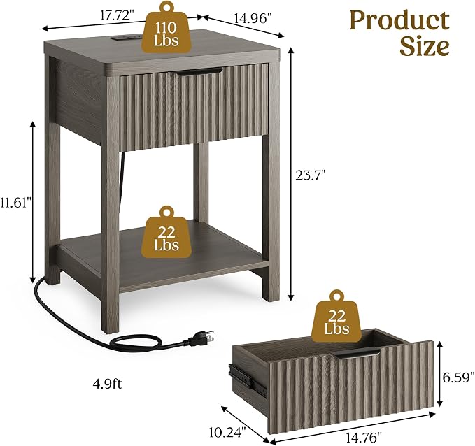 Night Stand Set 1, Fluted Wood Bedside Table w/Socket Station - Image 3