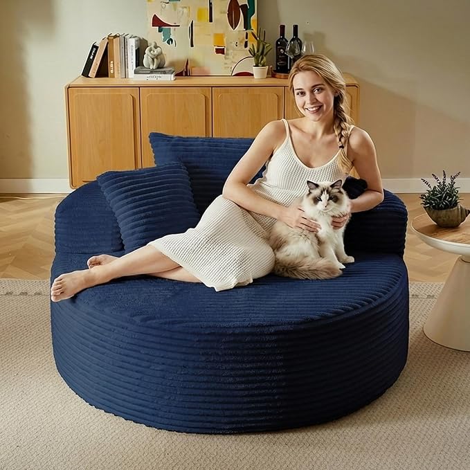 55'' Oversized Round Lounge Chaise Chair, Corduroy Upholstered Indoor Chaise - Image 3
