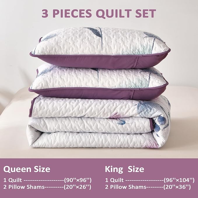 Dinjoy Purple Quilt Set King, Floral Printed Bedspread Coverlet Set | Purple - Image 4