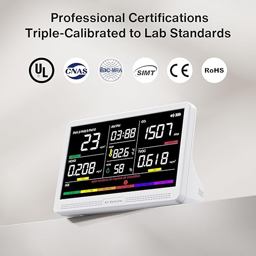 bonoch Upgrade Extended 12-Hour Battery Life 16 in 1 Air Quality Monitor Indoor with 7" Display, Professional Air Quality Meter for CO2, TVOC, PM2.5, PM1.0, PM10, HCHO, Temperature Humidity AQI & Time