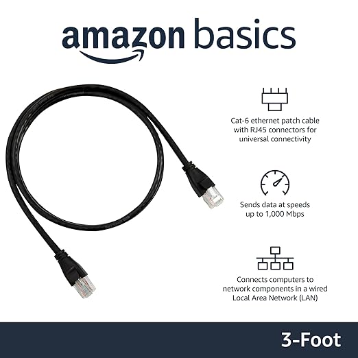 Amazon Basics RJ45 Cat 6 Ethernet Patch Cable, 1Gpbs Transfer Speed, Gold-Plated Connectors, 3 Foot for PC, TV, Tablet, Router, Printer, Black