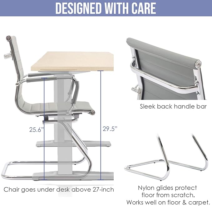 Wahson Office Guest Chairs Set of 6, Leather Reception Chairs, Mid Back Waiting Room Chair, Conference Chairs with Sled Base, Desk Chair No Wheels for Meeting/Lobby/Restroom, Grey