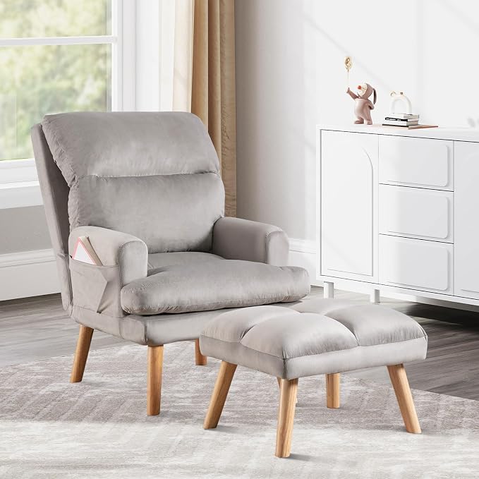 IOMOR Accent Chair with Ottoman, Velvet Fabric Chair Armchair with Adjustable by IOMOR