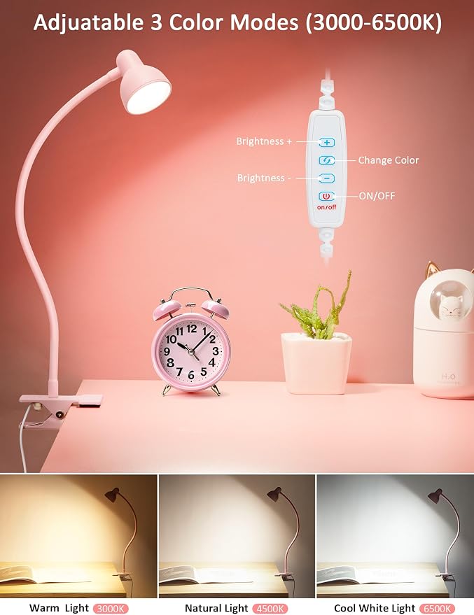 LiFMIRA Pink Small Desk Lamp Clip on LED Reading Light - Image 2