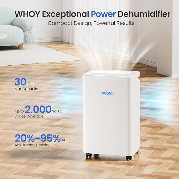 Dehumidifier for Basements, 2000 Sq. Ft., 30 Pints, Max 50 Pints 1.6L Tank, App-Controlled, With 4.9 ft Drain Hose Low noise, for Living room, Basements and Office