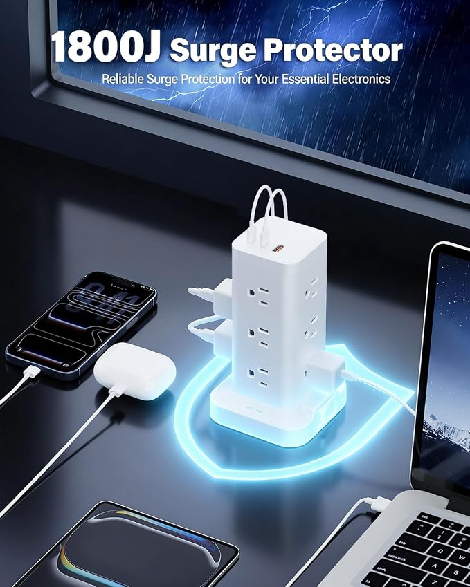 Power Strip Tower with Surge Protector 1800J, Fast Charging Tower PD20W USB-C - Image 5