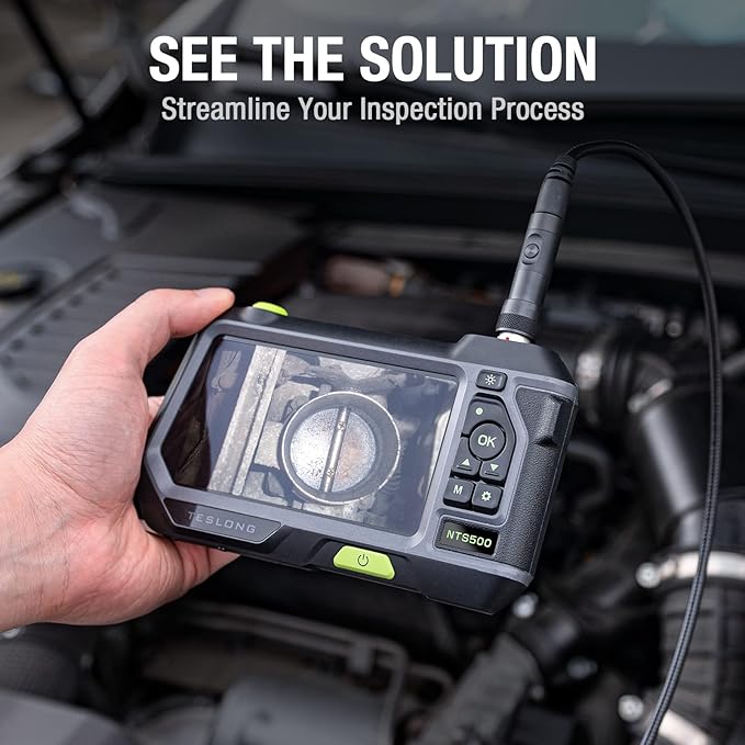 Dual Lens Endoscope with 5" Monitor, Teslong NTS500 Industrial Waterproof Borescope Inspection Camera with 0.21in Front & Side-View Double Lens with 9.8FT Probe, 5-Inch IPS LCD Screen & Case