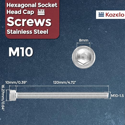 Kozelo 5pcs Socket Head Cap Screws - [M10-1.5 x 120mm] 304 Stainless Steel Allen Socket Drive for Electrical Motor 3D Printing Fan Engine Replacement Use, Silver