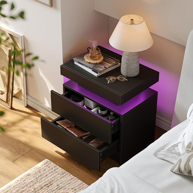 Modern Black LED Nightstand for Bedroom Bedside Table - Image 3