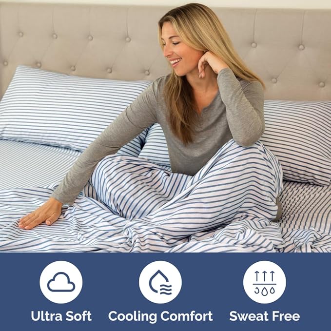 Full XL Bed Sheet Set - 4 Piece Extra Long Extended Full XL Sheets - Soft, Breathable & Cooling - Fits 8" to 16" Mattress with Deep Pockets - 54" x 80" - Wrinkle and Fade Resistant - Blue Stripes 2