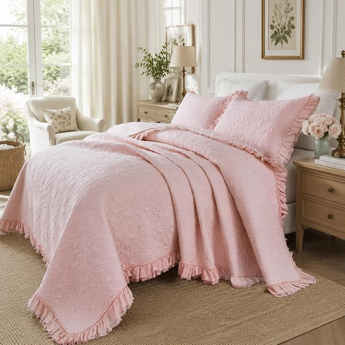 Brandream Light Pink Quilt Set King Size Cotton Shabby Chic Bedding Matelasse - Image 6