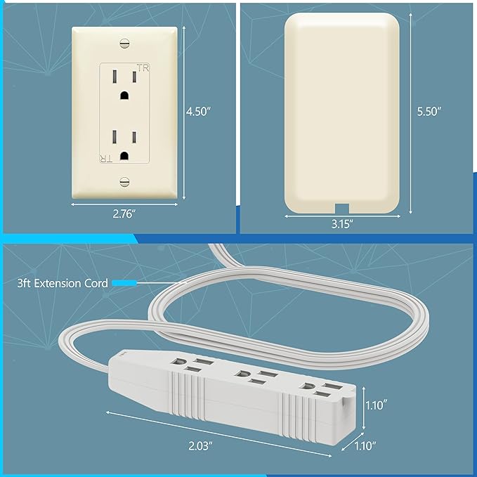 LIDER Flat-Face Outlet Extender with 3 Receptacles, Ultra-Thin Wall Plate Plug with Cord Extender and 3-Outlet Power Strip, 3ft Cord, LWE3-315-LA, ETL-Listed, Light Almond