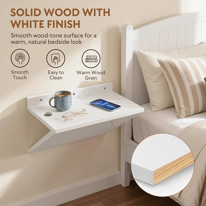 Floating Nightstand Set of 2 White Wood Bedside Table Wall Mounted | Z-Shape - Image 3