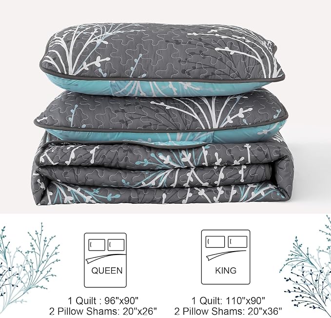 DJY Queen Size Quilt Set Grey Blue Reversible Bedspread Bedding Set | 3 Piece - Image 9