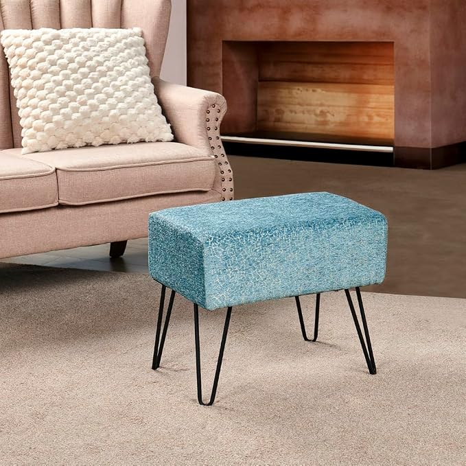 Home Soft Things Blue Jacquard Chenille Ottoman, Babati-Turquoise, Fuzzy Entry - Image 8
