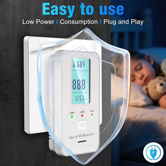 4in1 Combustible Natural Gas & Carbon Monoxide Detector, CO Leak Detector Home Air Quality Monitor with Digital Display for Temperature and Humidity, Kitchen & RV Alarm