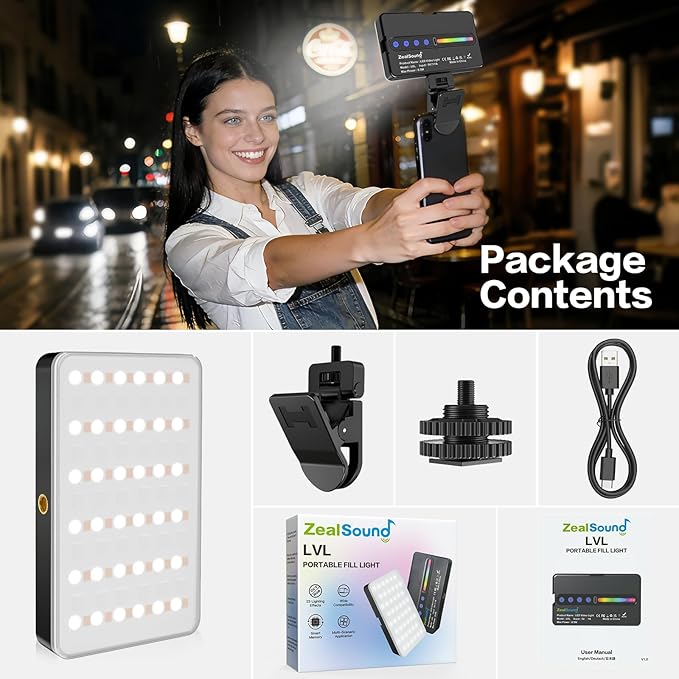 Zealsound RGB Selfie Light, 138 LEDs, 360° Full Color Video Light, 2700–6500K Dimmable, 20 Effects, 1800mAh Rechargeable for Phone, iPhone, Camera, Computer, Webcam, Gaming, Makeup, Vlogging, TikTok