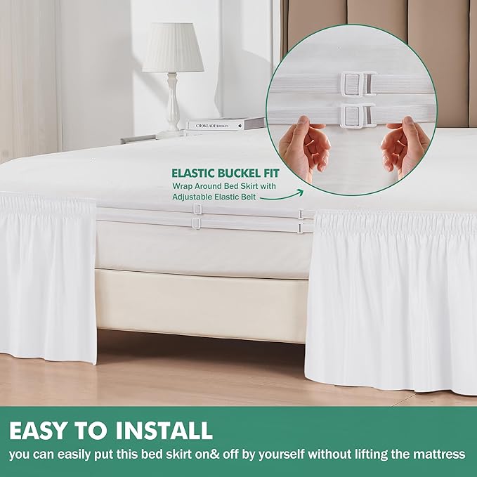 Biscaynebay Wrap Around Bed Skirts with Split Corners for Queen Beds 18" Drop, White Adjustable Elastic Dust Ruffles Easy Fit Wrinkle Resistant Silky Luxurious Fabric Machine Washable