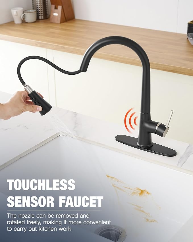 AIMADI Touchless Kitchen Faucet, Matte Black,Single Handle Pull-Down Sprayer,Deck Plate Included | Hands-Free Smart Motion Sensor Kitchen Sink Faucet, 3 Spray Modes, Fits 1 or 3 Hole Sinks