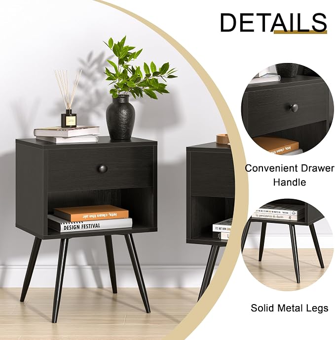 VECELO Nightstands Set of 2, Mid Century Modern End Bedside Table, Night Stand - Image 6