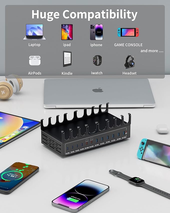 470W Charging Station for Multiple Devices, 12-Port USB C Charging Station with Double 100W PD PPS Port, Multi Device Fast Charger Dock for MacBook Pro Laptop, iPhone, iPad, Tablet, Android Cell Phone