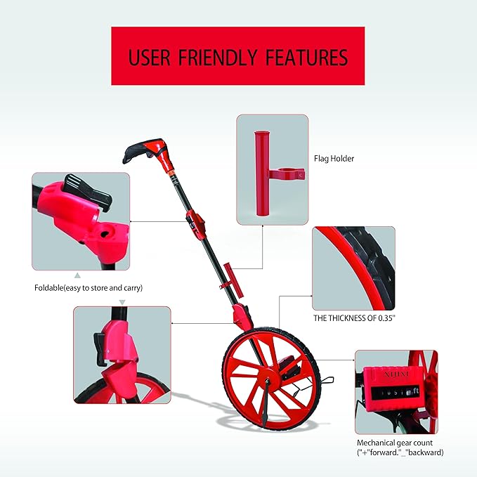 XIJIXI Distance Measuring Wheel in feet,Measure Wheel,Collapsible Rolling Measurement Wheel,12.5”Diameter Wheel,With One key to Zero,Upgrade Flag Holder,With 10 Survey Flags(Red）