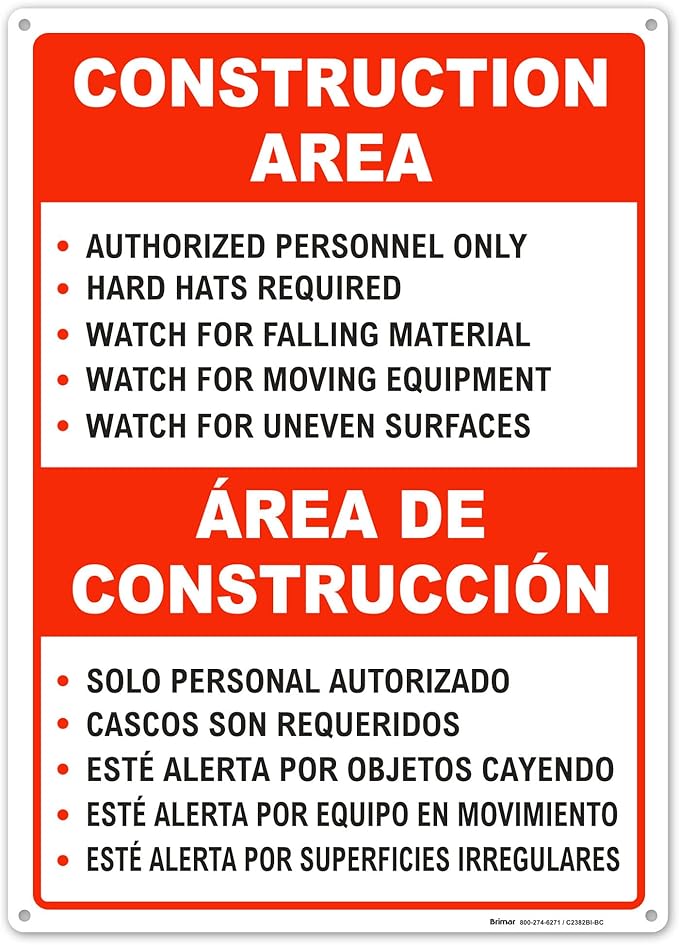 Brimar - 10" x 14" - Bilingual Construction Area Rules Sign - .055″ Polyethylene Plastic - Bilingual Design - Easy Installation