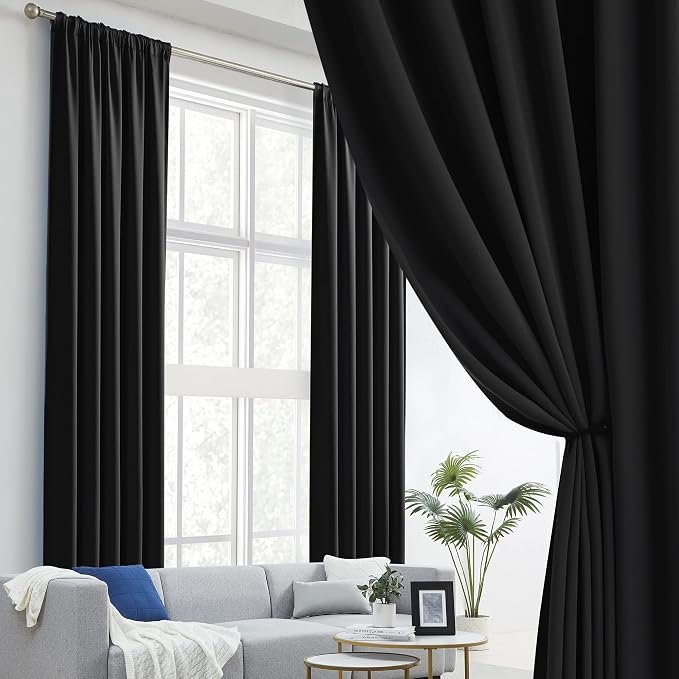 Black Blackout Curtains 102 Inches Long 2 Panels, Back Tab & Rod Pocket Thermal - Image 2