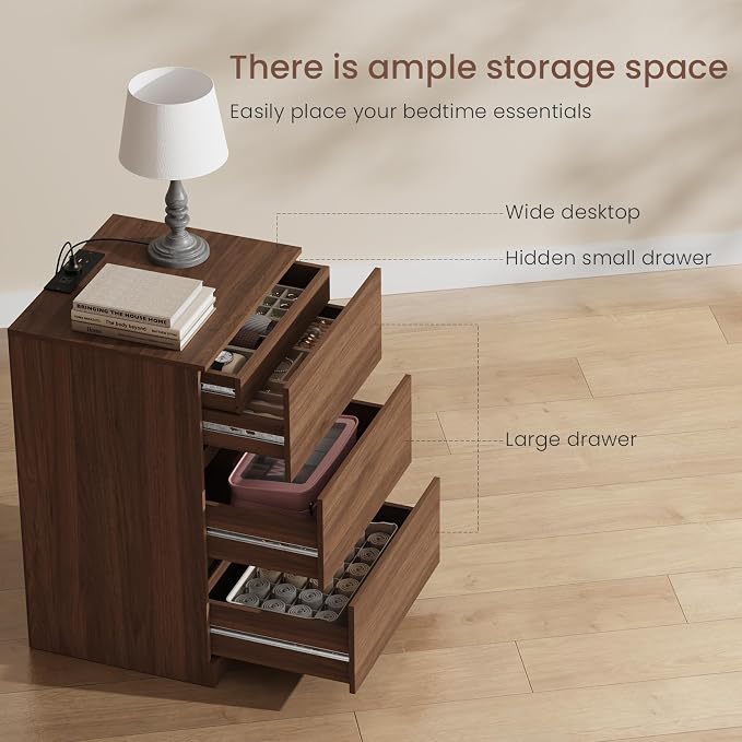 Nightstands Set of 2 with Charging Station and Hidden Drawer, Walnut | Bedside - Image 8