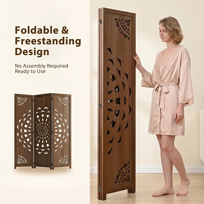3 Panel Room dividers, 66.9" Boho Double-Sided Carved Screen, Freestanding - Image 4