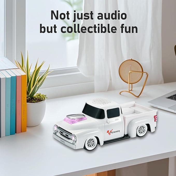 WSTER WS-538 Retro Pickup Truck Bluetooth Replica Speaker – Portable Wireless Car Model Speaker with FM, TWS, LED Party Lights, USB/TF Playback, Built-in Microphone, Type-C, Surprise Gift(White)
