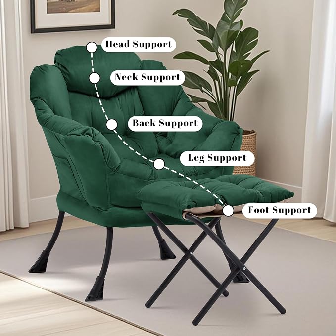 Lazy Chair with Ottoman, Comfy Reading Chair, Emerald Green | Cushioned Seat - Image 7
