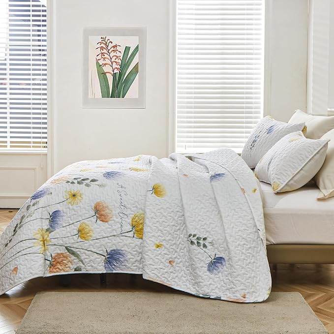 Dinjoy Floral Quilt Set Twin Size, 2 Pieces Blue Yellow Printed Bedspreads | - Image 2