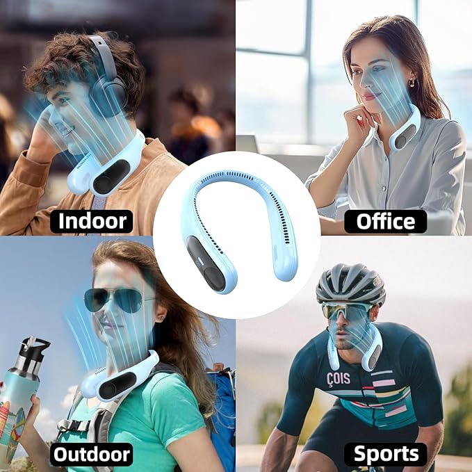 Portable Neck Fan,Personal Wearable Bladeless Fan,LED Display,4-Speeds,6000mAh USB Rechargeable,360° Strong Cooling Wind,Hands Free,White Elephant Gift,Christmas Gifts for Men Women (Light blue)