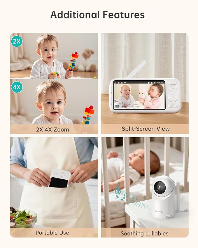 Jartoo 2K 5.5" Video Baby Monitor with Camera and Audio,AI Cry Detect 1860ft Long Range Baby Monitor No WiFi Baby Camera Wireless,Clear Night Vision,ANC, 2-Way Talk,White Noise,6000mAh [2025 New]