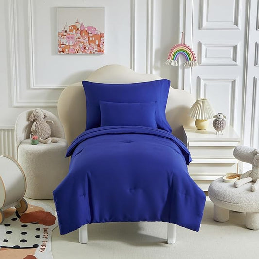 Toddler Bedding Set - 5 Piece Soft and Breathable Toddler Bed Set for Boys and Girls, Includes Quilted Comforter, Fitted Sheet, Flat Top Sheet, Standard Pillowcase and Toddler Pillowcase, Navy