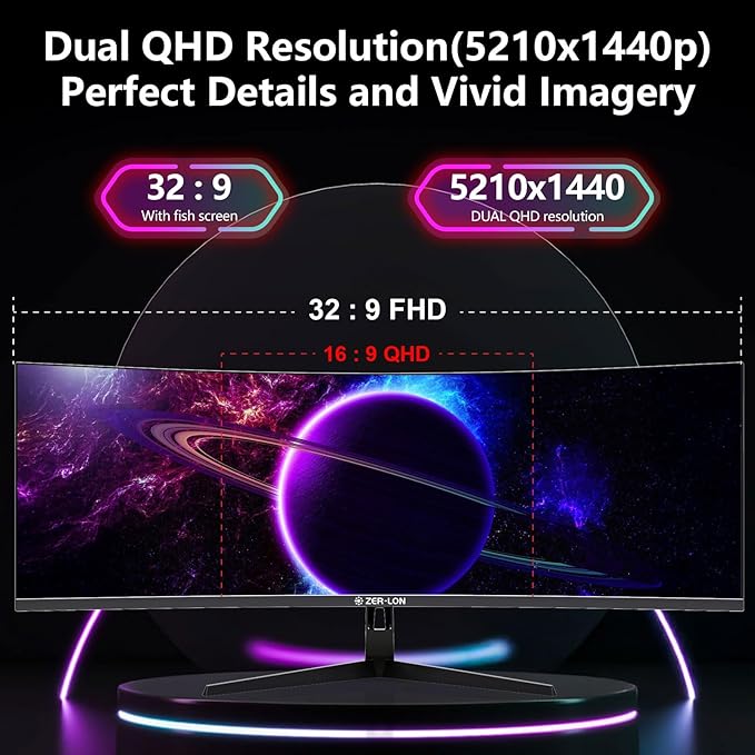 ZER-LON 49" Curved Gaming Monitor 165Hz 1500R 32:9 Daul QHD 5120 x 1440 Ultrawide Computer Monitor, 127% sRGB, 4000:1, FreeSync, HDR, DisplayPort, HDMI, Supports Wall Mounted Installation