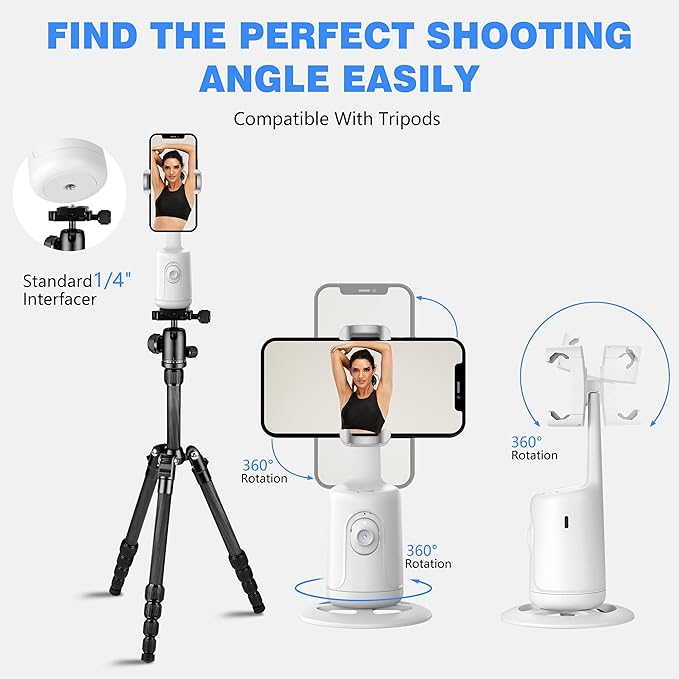 Auto Face Tracking Tripod, 360° Rotation Face Body Phone Camera Mount Smart Shooting Phone Tracking Holder with Remote,No App, Gesture Control,Smart Shooting Holder for Vlog, Streaming,Tiktok-White