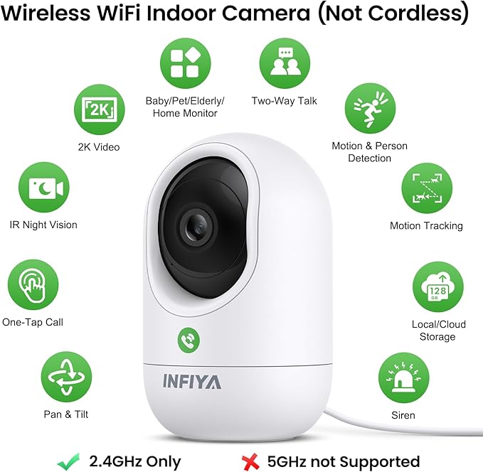 INFIYA 360 Cameras for Home Security-Indoor Camera Monitoring Baby/Nanny with 2K High Resolution & One-Tap Call, 24-7 Local Storage, Compatible with Alexa/Google Home, K7 4Pack (2.4GHz Wi-Fi Only)