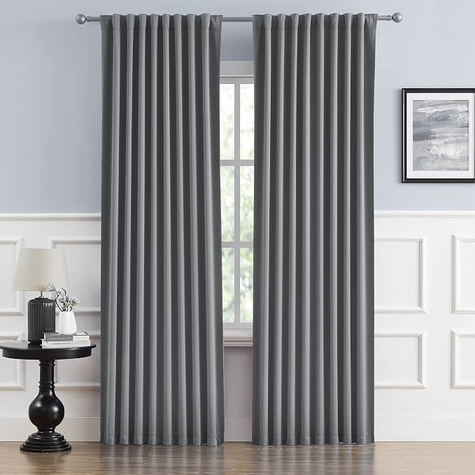 Thermal Insulated Gray Blackout Curtain Panels 96 Inches Long, Back Tab and Rod by DUALIFE