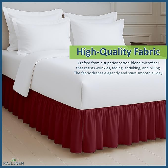 Rajlinen Ruffled Bed Skirt California King, 15 Inch Drop Dust Ruffle with Split Corners, 100% Microfiber Bedskirt with Platform, Three-Sided Coverage Ruffled Gathering Design, Burgundy
