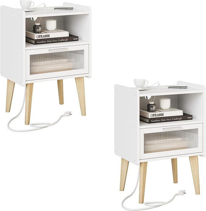 MMEOLUOOK Nightstand with Charging Station, Bedside Tables, End Table Side by MMEOLUOOK