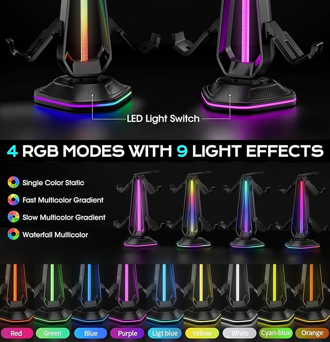 Oritikur RGB Headset Stand with 9 Light Modes and 2 USB Charging Ports - Controller Holder for Desk - Headphone Stand & Detachable Controller Hook for PC Earphone Gaming Room Setup Accessories