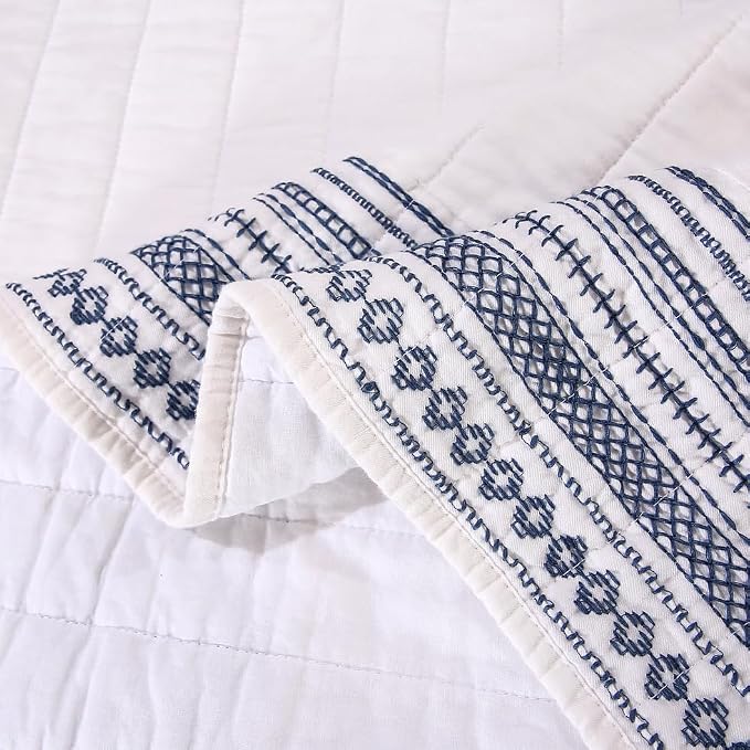 ROOMLIFE 100% Cotton Quilt Set King Embroidery Geometric Pattern 3-Piece | - Image 8