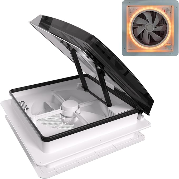 2012 14" RV Roof Vent Fan with LED Light, Air Max Reversible Exhaust Vent, Ultra Low Noise 12V - 24V Ceiling Fan with Remote and Rain Sensor for Camper, Trailer, Van, Motorhome Ventilation